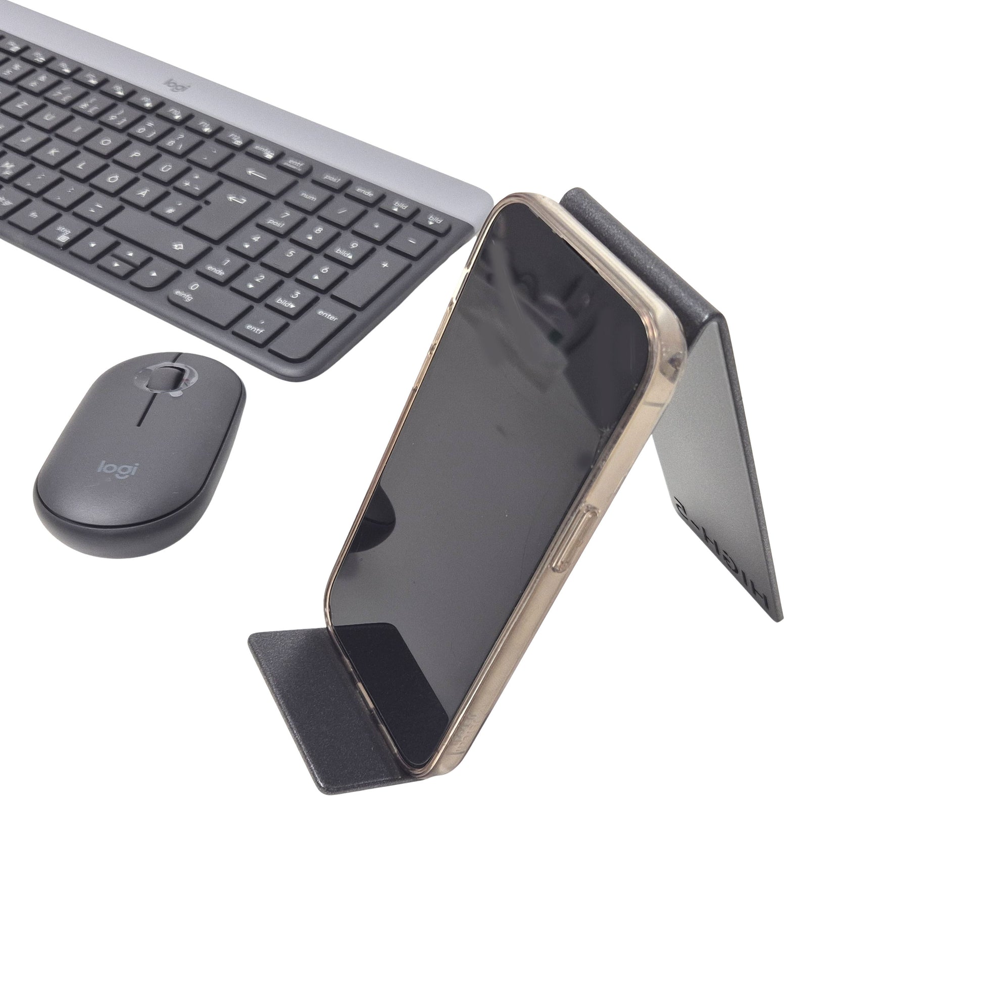 Anthrazit Metall-Handyhalter Highfive Engineering mit Tastatur, Smartphone Ständer