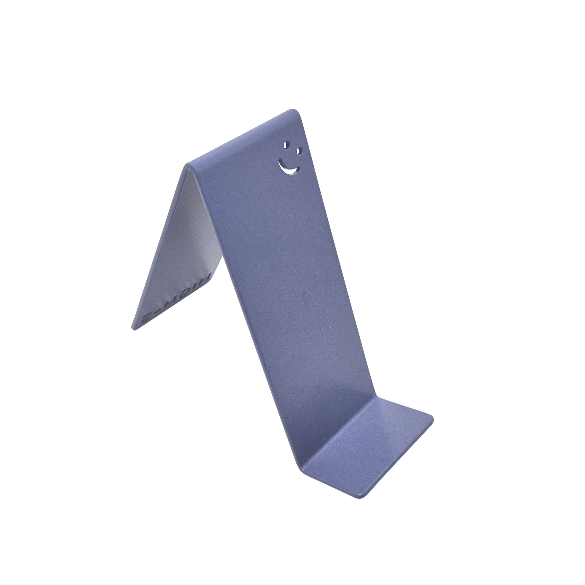 blau Metall-Handyhalter von Highfive Engineering auf einem Schreibtisch, für ein Smartphone in aufrechter Position