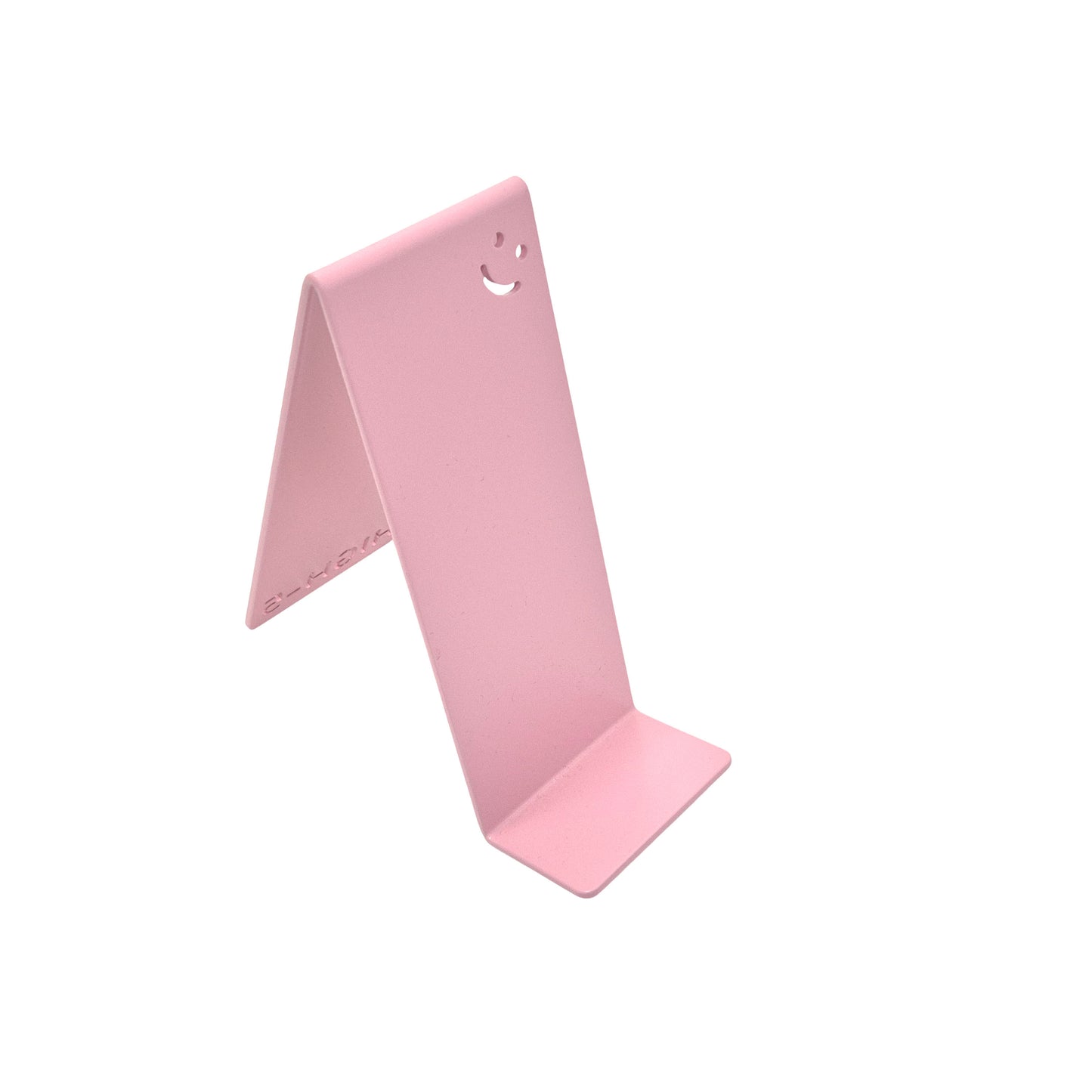 rosa Metall-Handyhalter von Highfive Engineering auf einem Schreibtisch, für ein Smartphone in aufrechter Position